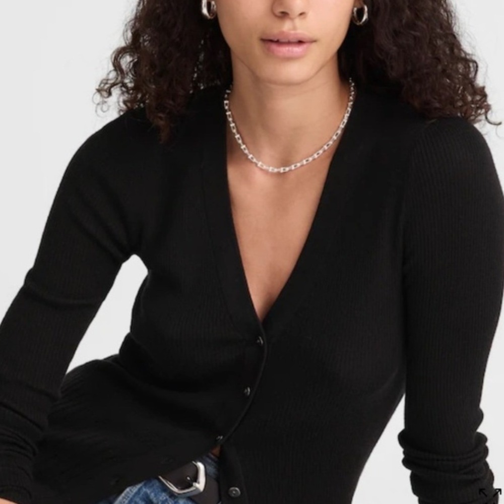 Madewell Black Merino Silk Blend V-Neck Button Front Cardigan Sweater Black XS - Picture 10 of 11